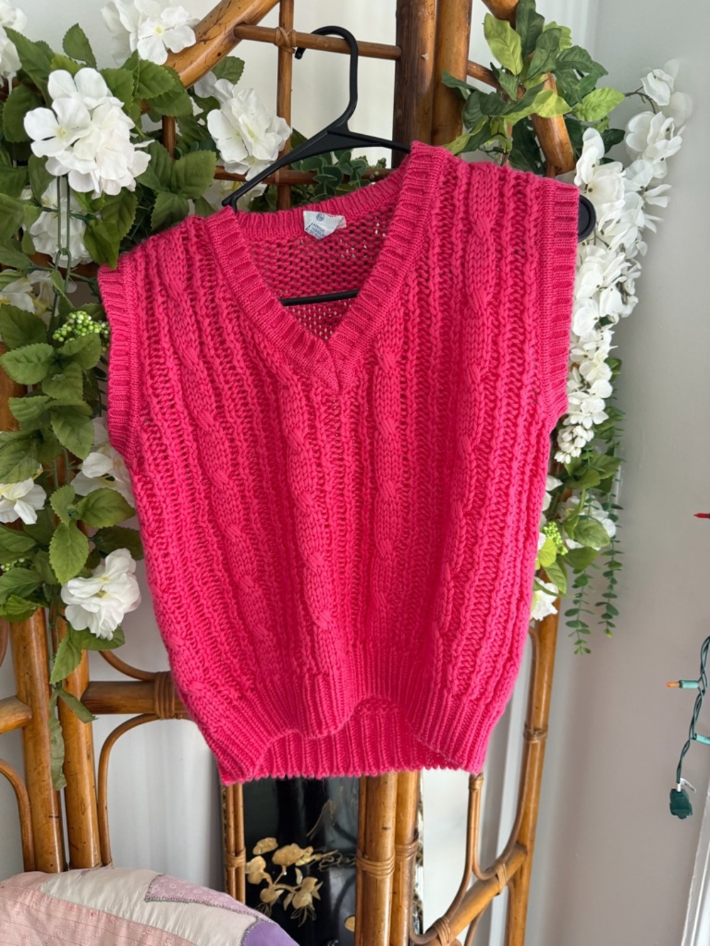 Bright Pink Cable-Knit V-Neck Sweater Vest